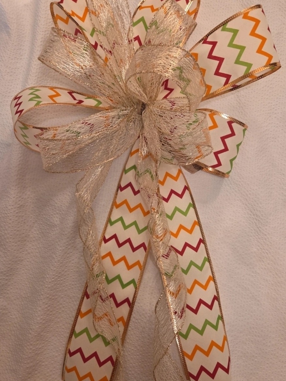 Festive Chevron Ribbon Bow with Gold Mesh Accent - Multicolor